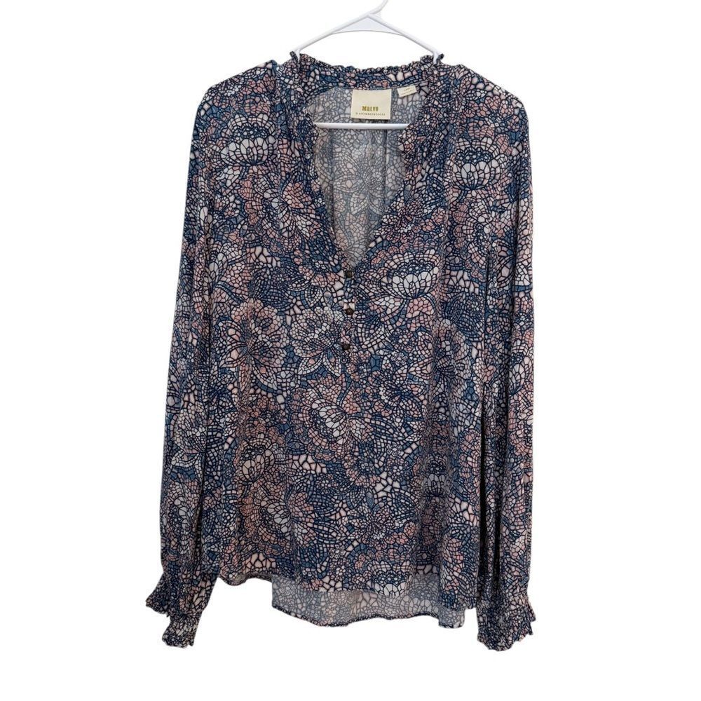 Maeve by Anthropology Blue Mosaic Floral Colette Long Sleeves Peasant Blouse - Picture 2 of 6